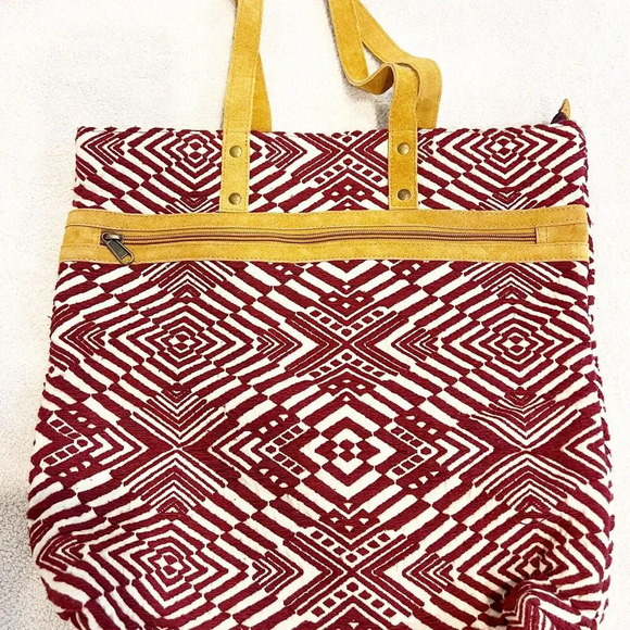 Boho Tote Bag Maroon Woven Ethnic Pockets Geometric Shoulder Leather Straps - Picture 3 of 14